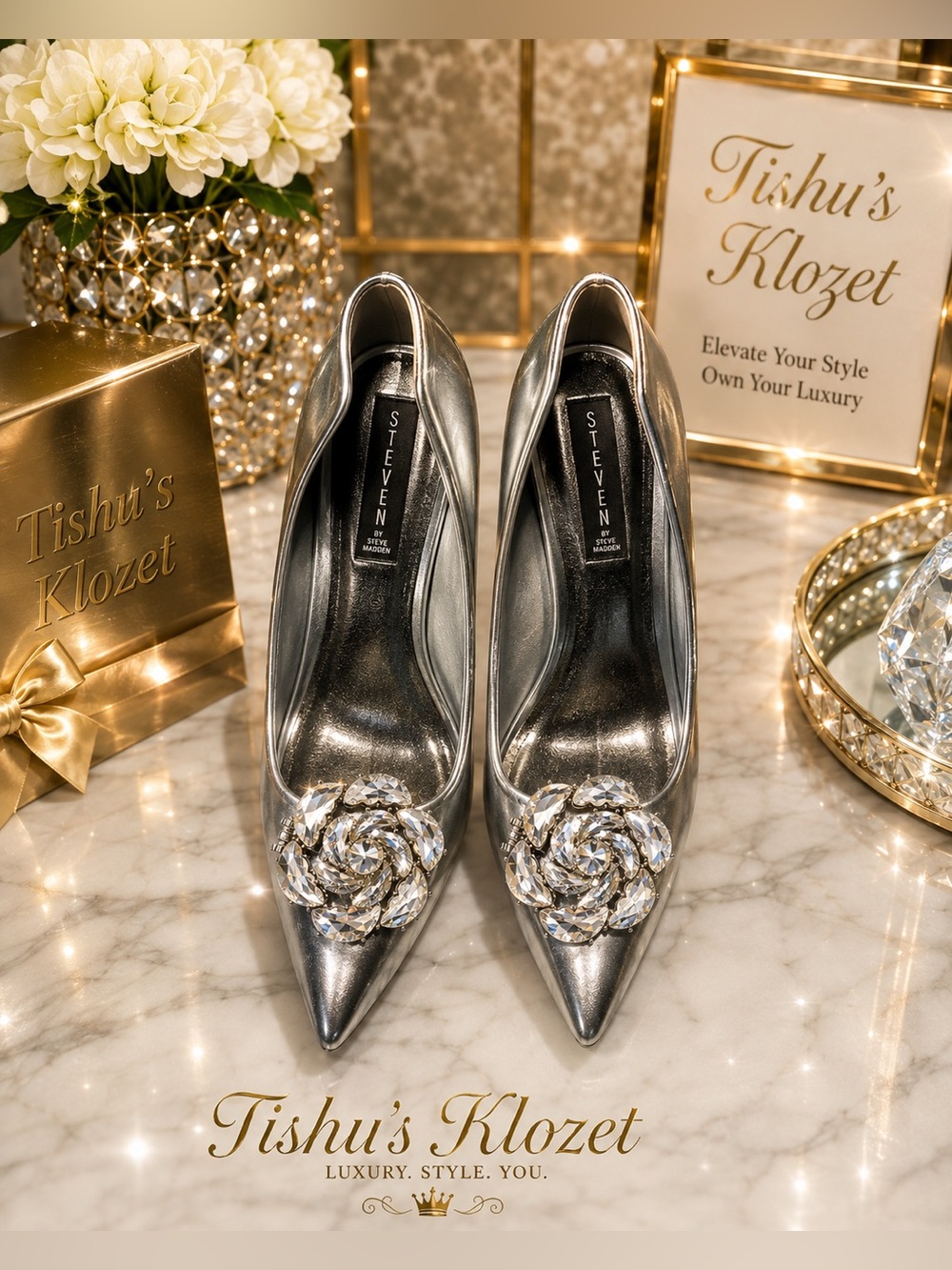 Seven7 Women's Metallic Silver Heels-Crystal RhineStone Bow Shoe Clips/included